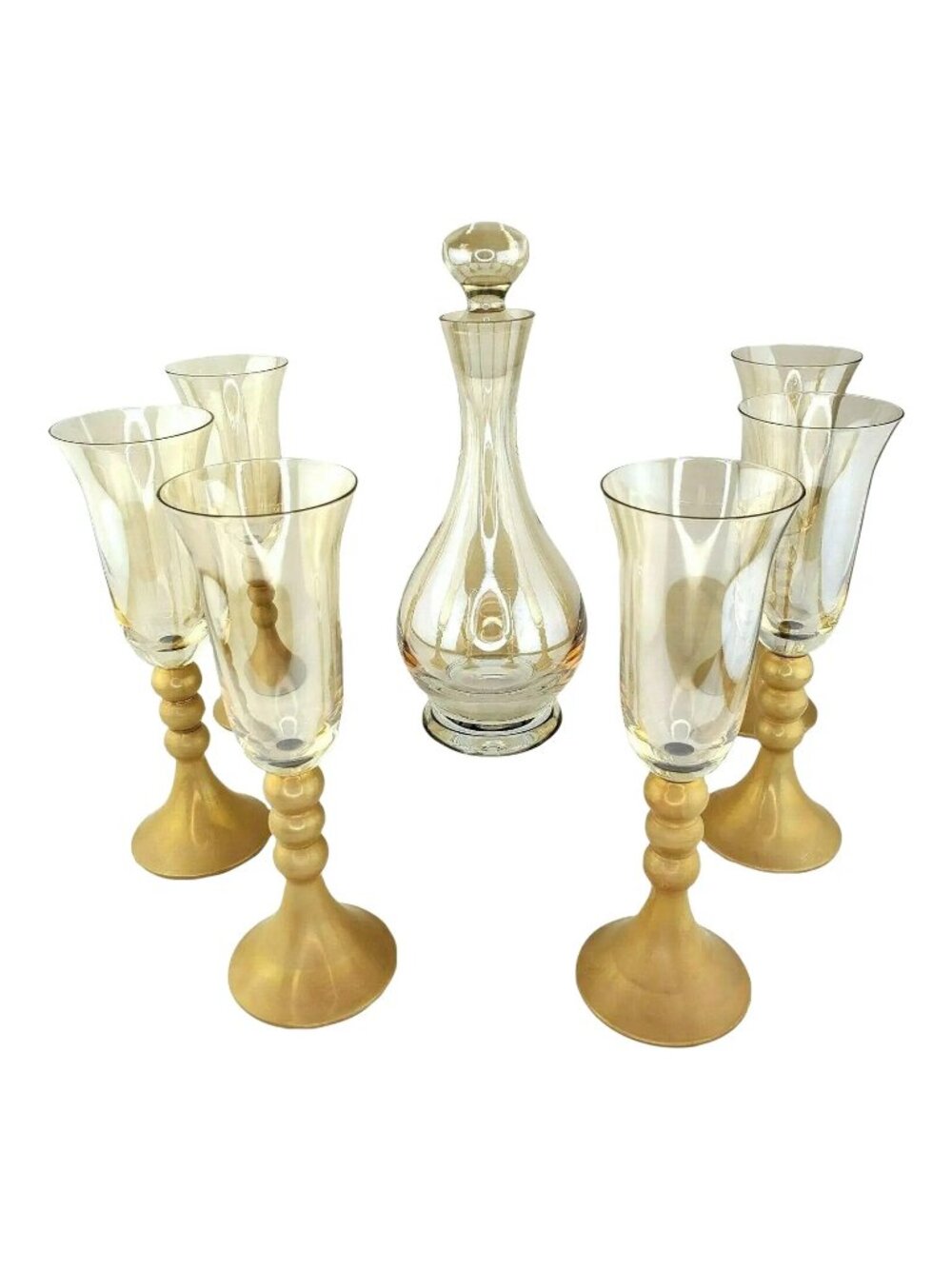 Late 20th Century Bombay Glass Decanter Set 6 Glasses Gold Frosted Stems Made in